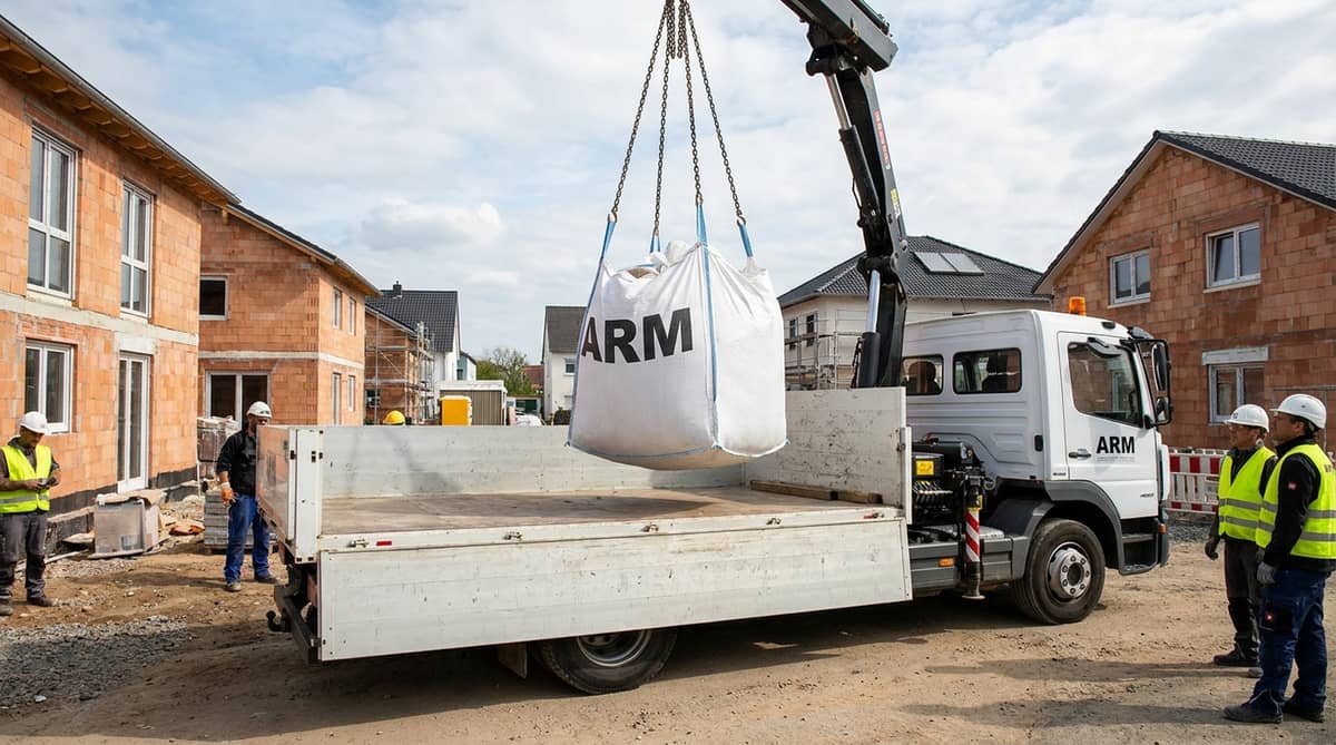ARM-Kran-LKW verlädt einen vollen Big-Bag, Big-Bag-Entsorgung im Rhein-Main-Gebiet ARM-Kran-LKW verlädt einen vollen Big-Bag, Big-Bag-Entsorgung im Rhein-Main-Gebiet