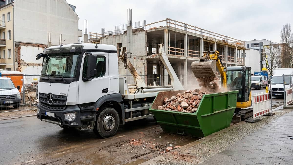 Bagger belädt grüne Container-Mulde mit Bauschutt vor Ort, ARM Containerdienst Bagger belädt grüne Container-Mulde mit Bauschutt vor Ort, ARM Containerdienst