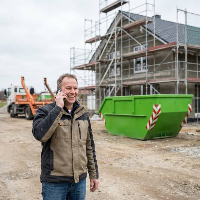 Bauherr bestellt Container telefonisch auf der Baustelle, ARM Containerdienst Bauherr bestellt Container telefonisch auf der Baustelle, ARM Containerdienst