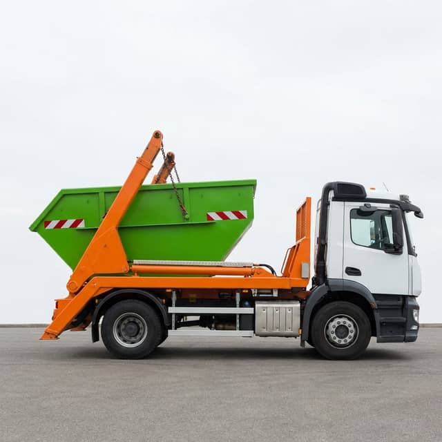 Absetzkipper liefert grüne Container-Mulde, ARM Containerdienst Rhein-Main Absetzkipper liefert grüne Container-Mulde, ARM Containerdienst Rhein-Main
