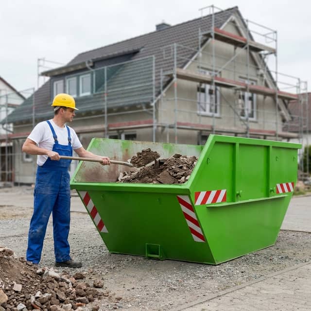 Container mit Bauschutt befüllen auf der Baustelle, ARM Containerdienst Container mit Bauschutt befüllen auf der Baustelle, ARM Containerdienst