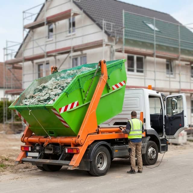 Container-Abholung: Absetzkipper lädt grüne Mulde auf, ARM Containerdienst Container-Abholung: Absetzkipper lädt grüne Mulde auf, ARM Containerdienst