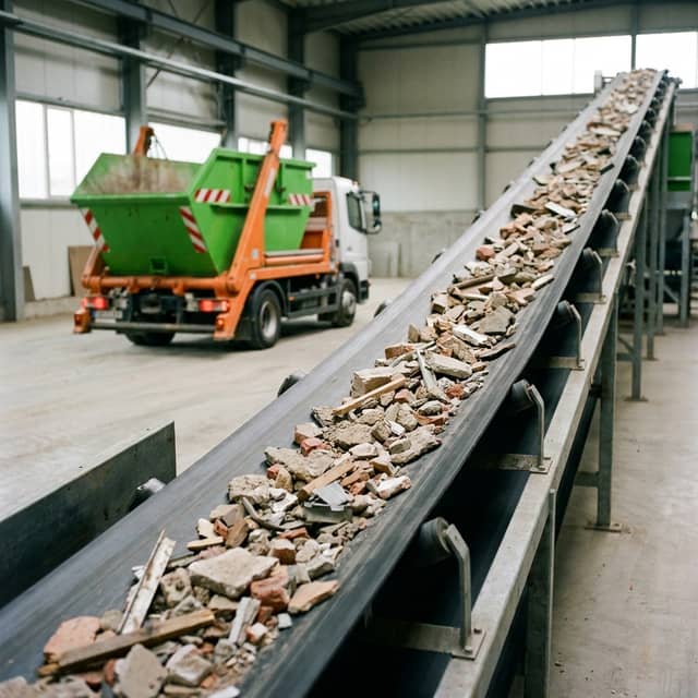 Bauschutt auf dem Förderband zur Sortierung im Verwertungsbetrieb, ARM Containerdienst Bauschutt auf dem Förderband zur Sortierung im Verwertungsbetrieb, ARM Containerdienst