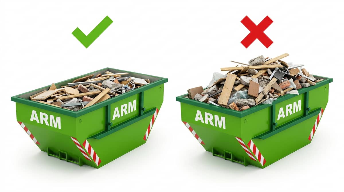 Zwei grüne ARM-Container nebeneinander, links richtig befüllt, rechts überladen Zwei grüne ARM-Container nebeneinander, links richtig befüllt, rechts überladen