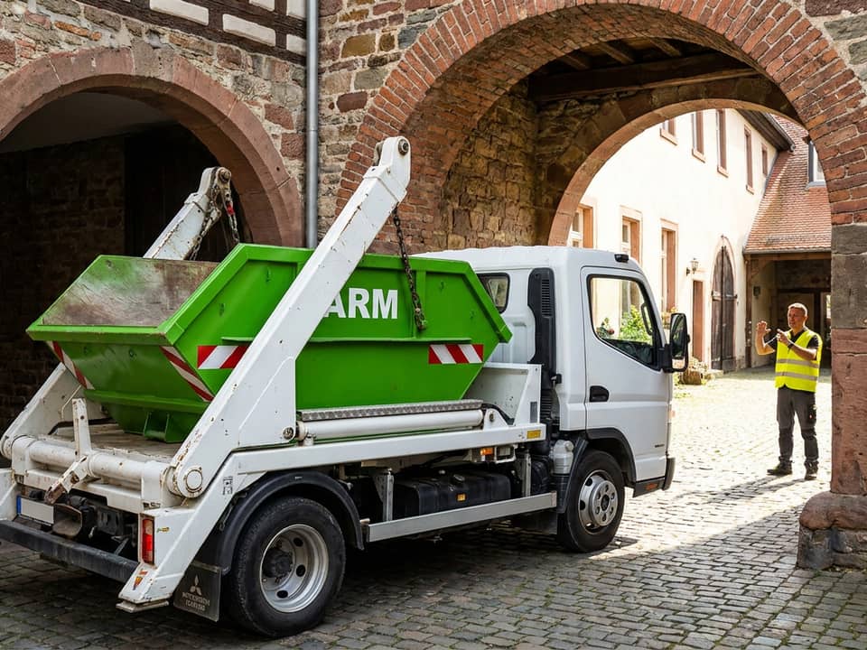 Weißer Mini-Kipper mit grüner ARM-Mulde in einer engen Altstadtgasse Weißer Mini-Kipper mit grüner ARM-Mulde in einer engen Altstadtgasse