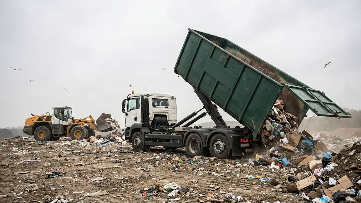 Mülldeponie: Abrollkipper kippt Abfall ab, Radlader verteilt das Material Mülldeponie: Abrollkipper kippt Abfall ab, Radlader verteilt das Material