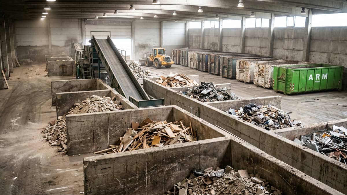 Sortierte Materialboxen und Förderband in der Recyclinghalle, ARM Containerdienst Sortierte Materialboxen und Förderband in der Recyclinghalle, ARM Containerdienst