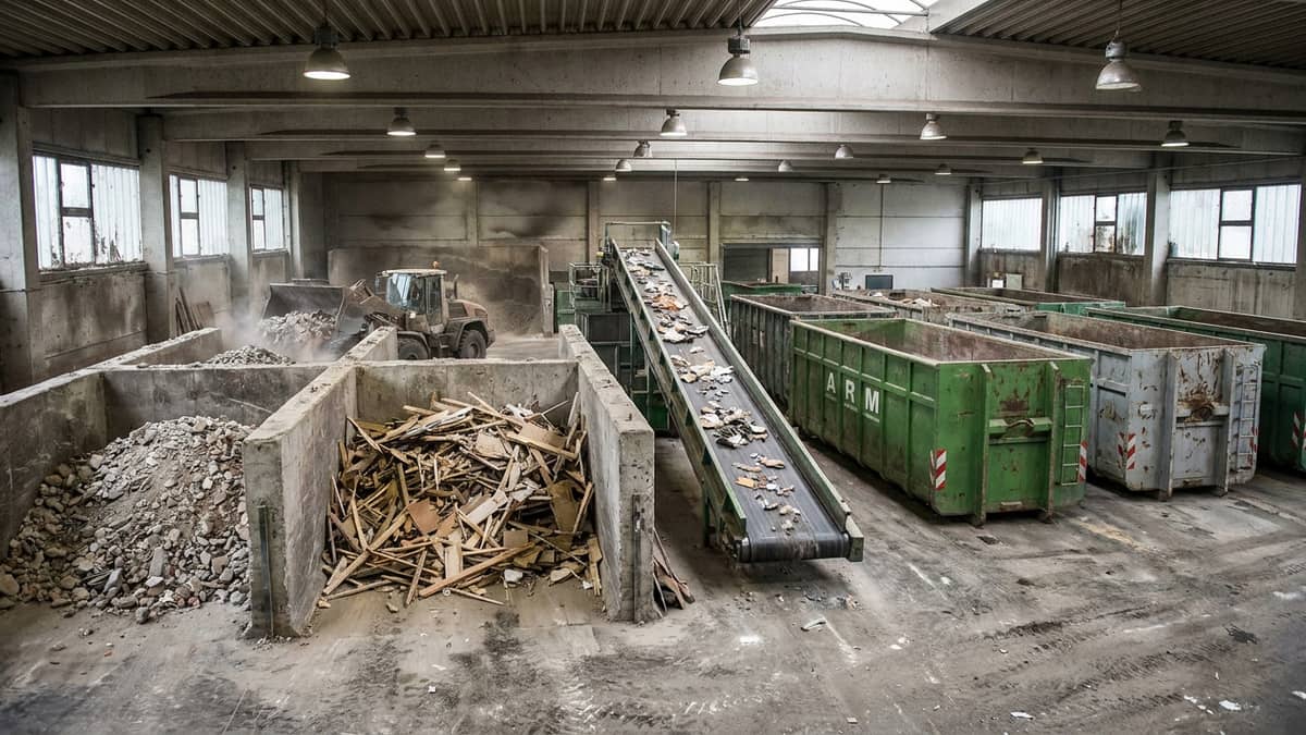 Recyclinghalle mit Förderband und Radlader, umweltgerechte Verwertung beim ARM Containerdienst Recyclinghalle mit Förderband und Radlader, umweltgerechte Verwertung beim ARM Containerdienst